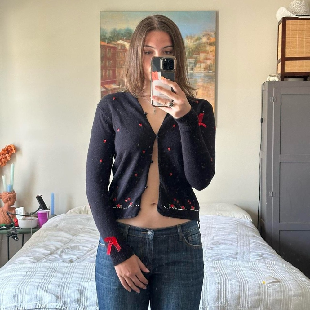 Black button up with red bows and embroidery